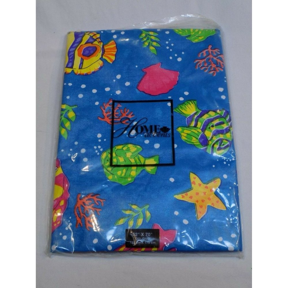 Home Accents Vinyl Tablecloth 52x70" Oblong Blue Ocean Beach Fish Shells 132x178